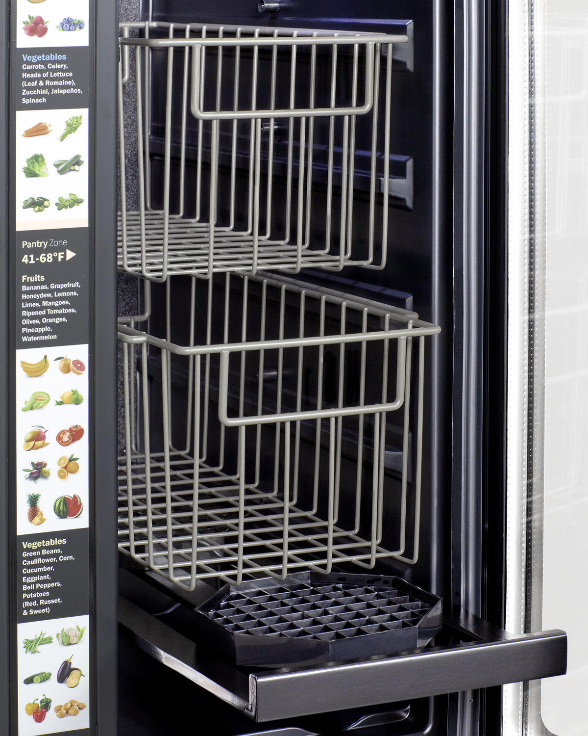 ADA compliant built-in or freestanding dual zone produce and beverage refrigerator with seamless stainless steel trimmed French doors, digital controls, and a stainless steel wrapped cabinet